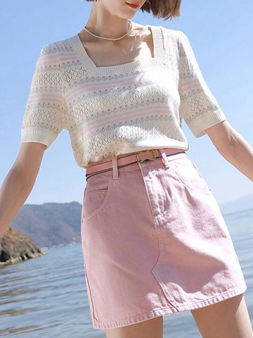 Gentle Striped French Square Collar Short Sleeve Pullover Top