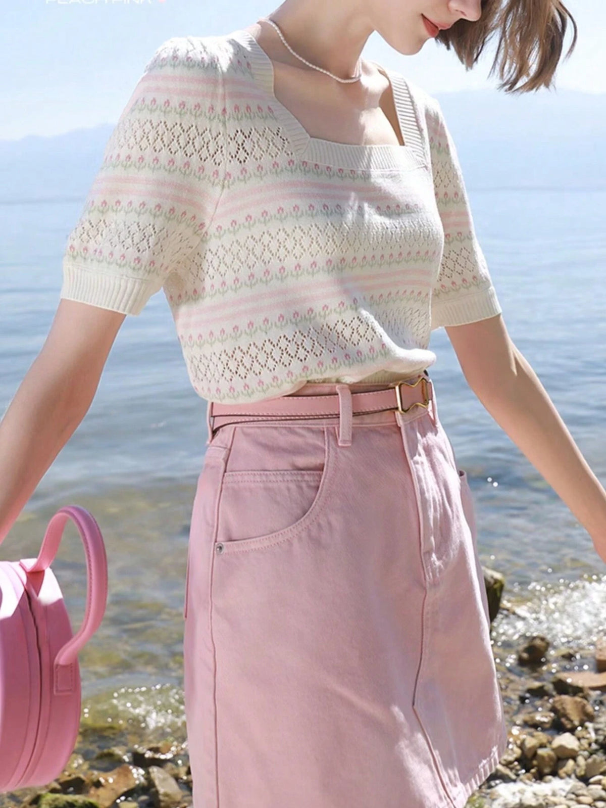 Gentle Striped French Square Collar Short Sleeve Pullover Top