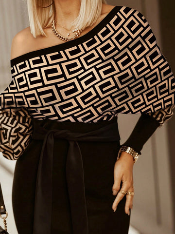 Geo Print Asymmetrical Neck Batwing Sleeve Belted Dress
