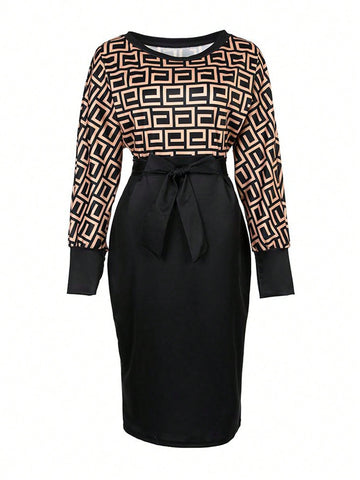 Geo Print Asymmetrical Neck Batwing Sleeve Belted Dress