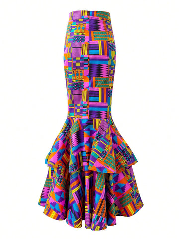 Geo Print Mermaid Hem Skirt