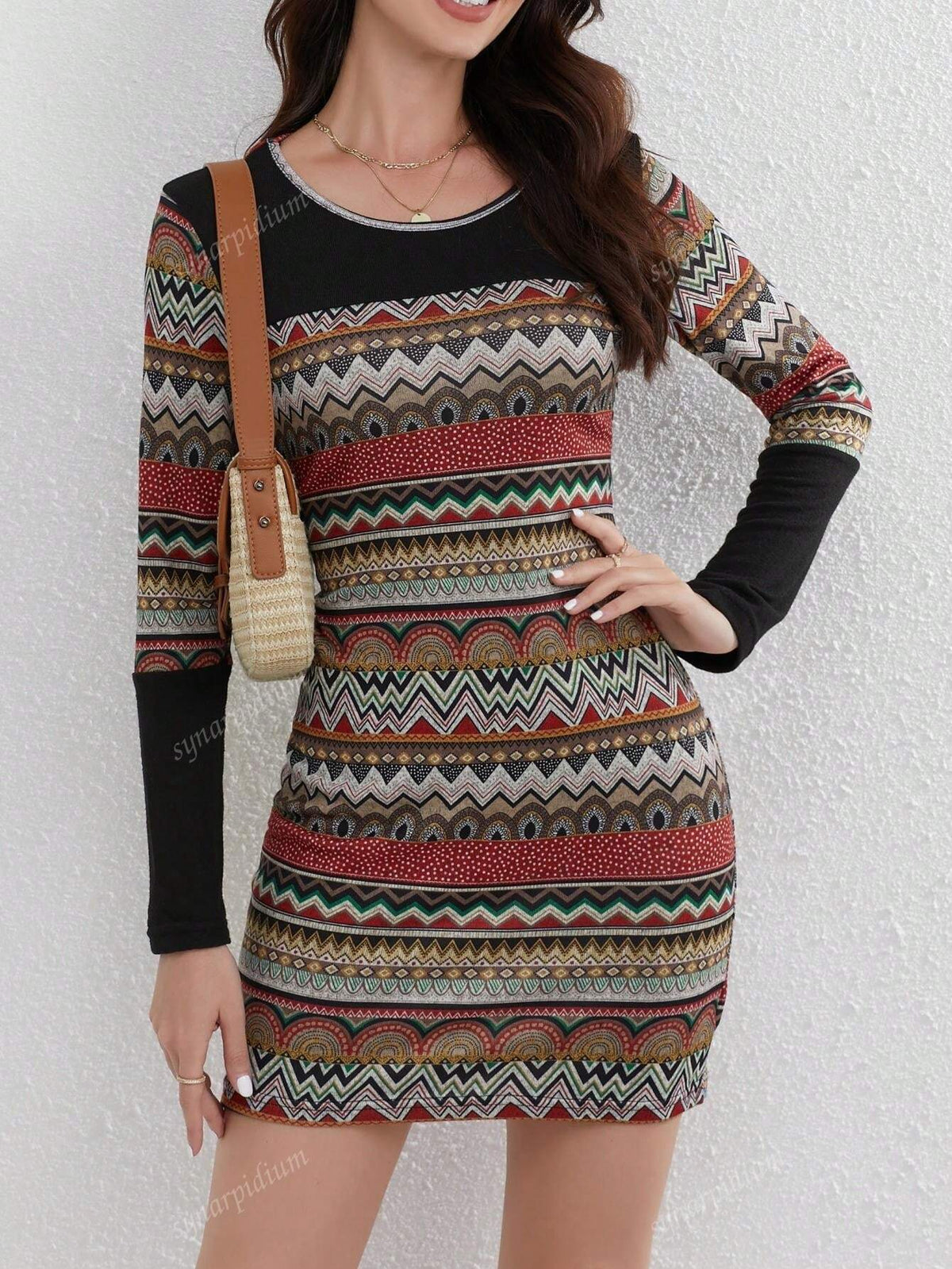 Geometric Patchwork Print Round Neck Long Sleeve Dress
