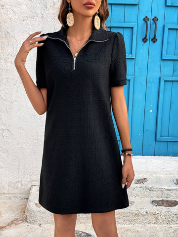 Geometric Pattern Zip Neck Casual Elegant Dress