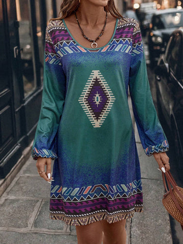 Geometric Print Casual Round Neck Long Sleeve Dress