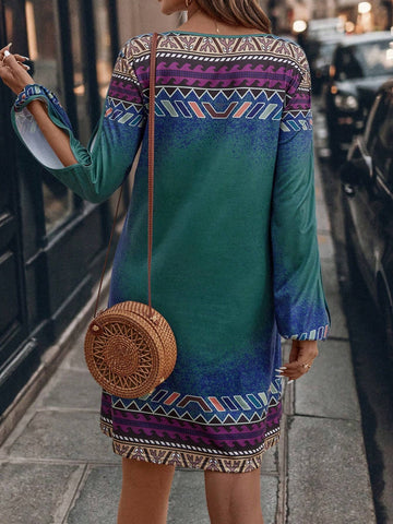 Geometric Print Casual Round Neck Long Sleeve Dress