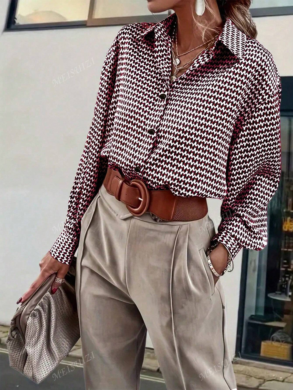 Geometric Print Long Sleeve Casual Shirt, Autumn