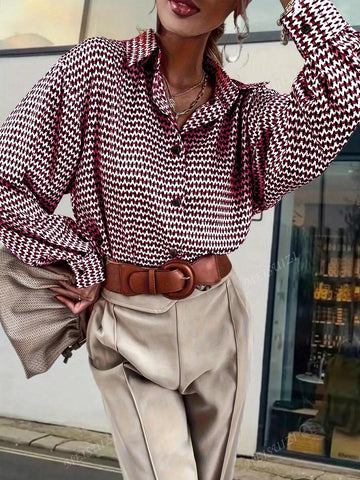 Geometric Print Long Sleeve Casual Shirt, Autumn