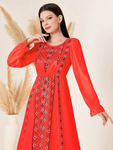 Geometric Printed Waist Belted Casual Dress