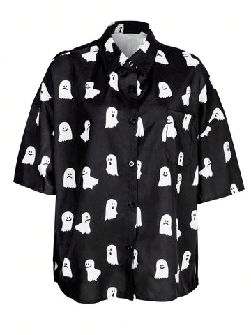 Ghost Graphic Print Button Front Down Short Sleeve Shirt Street Outfit