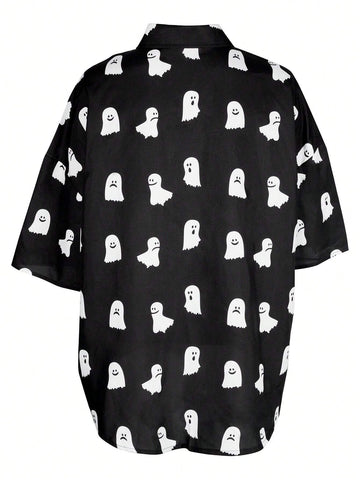 Ghost Graphic Print Button Front Down Short Sleeve Shirt Street Outfit