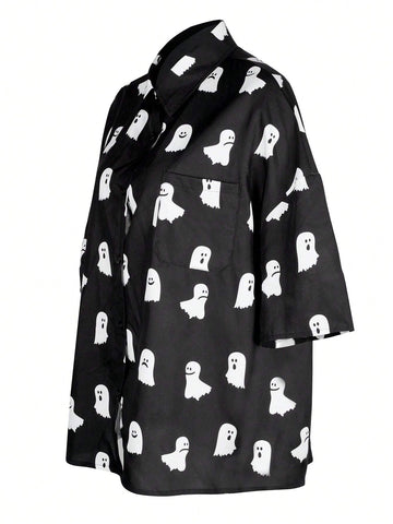 Ghost Graphic Print Button Front Down Short Sleeve Shirt Street Outfit