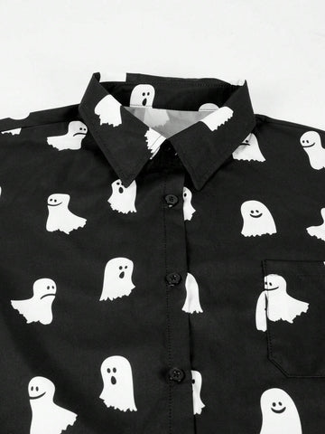 Ghost Graphic Print Button Front Down Short Sleeve Shirt Street Outfit