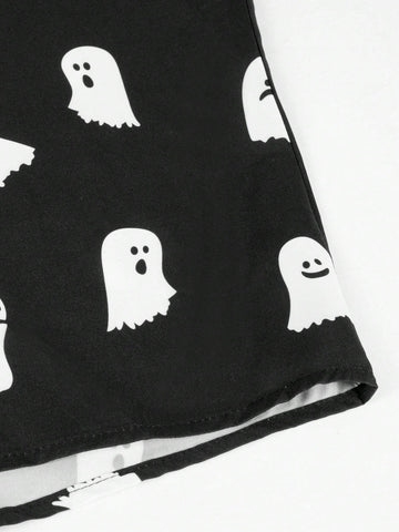 Ghost Graphic Print Button Front Down Short Sleeve Shirt Street Outfit