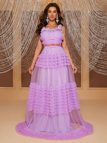 Giffniseti Appliques Mesh Overlay Prom Dress