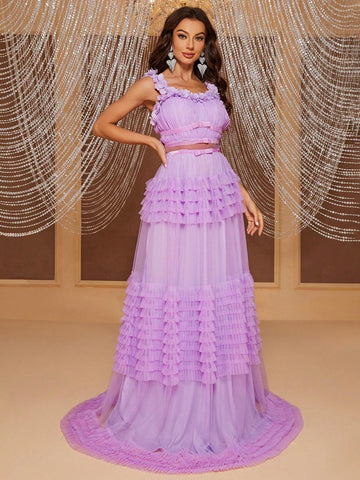 Giffniseti Appliques Mesh Overlay Prom Dress