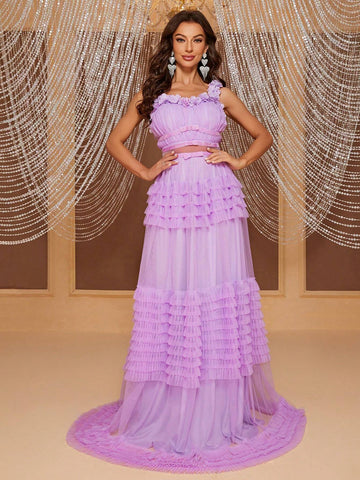 Giffniseti Appliques Mesh Overlay Prom Dress