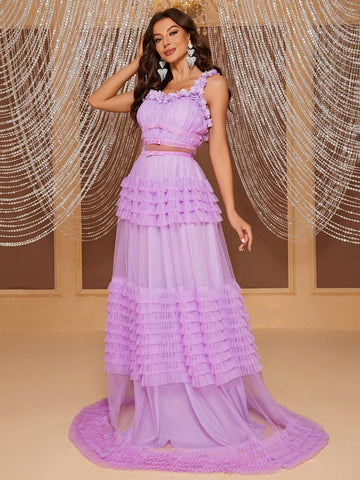 Giffniseti Appliques Mesh Overlay Prom Dress