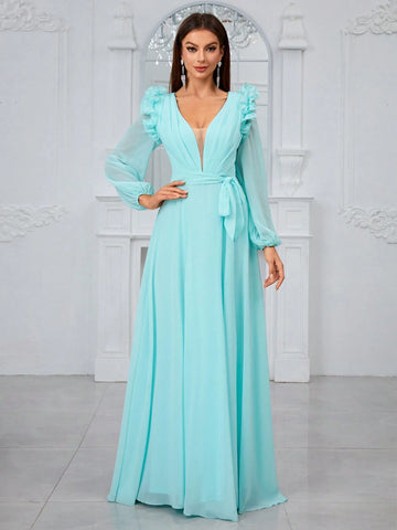 Giffniseti Chiffon V-Neck 3d Lace Long Sleeve Sweet & Elegant Bridesmaid Dress