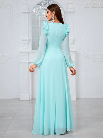 Giffniseti Chiffon V-Neck 3d Lace Long Sleeve Sweet & Elegant Bridesmaid Dress