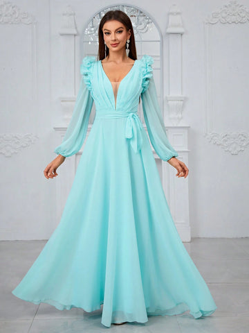 Giffniseti Chiffon V-Neck 3d Lace Long Sleeve Sweet & Elegant Bridesmaid Dress