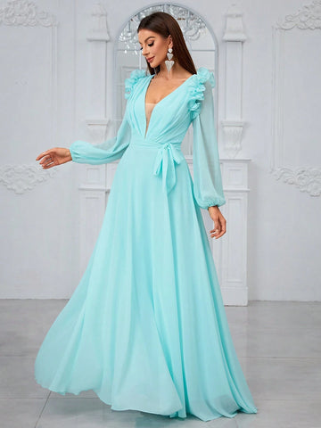 Giffniseti Chiffon V-Neck 3d Lace Long Sleeve Sweet & Elegant Bridesmaid Dress