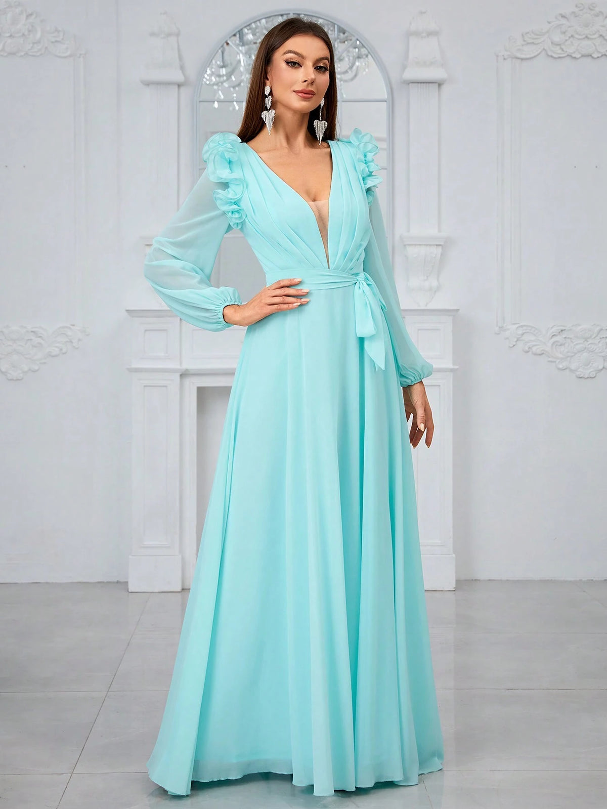 Giffniseti Chiffon V-Neck 3d Lace Long Sleeve Sweet & Elegant Bridesmaid Dress
