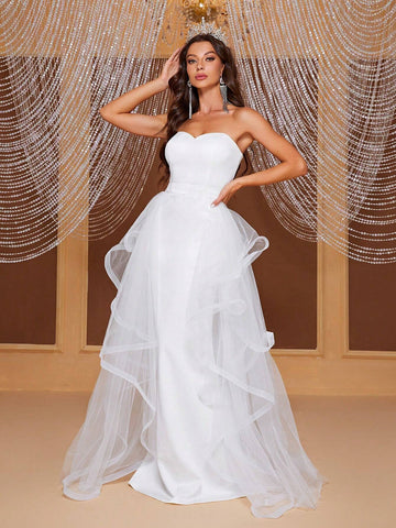 Giffniseti Contrast Mesh Mermaid Hem Tube Wedding Dress