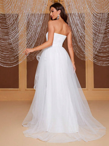 Giffniseti Contrast Mesh Mermaid Hem Tube Wedding Dress
