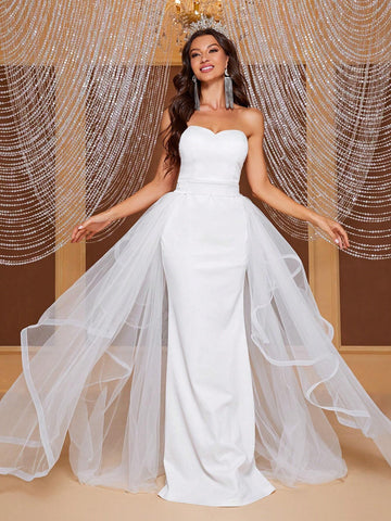 Giffniseti Contrast Mesh Mermaid Hem Tube Wedding Dress