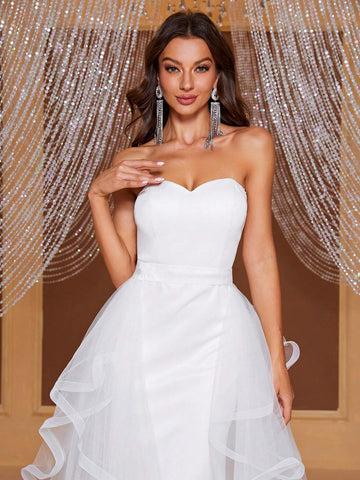 Giffniseti Contrast Mesh Mermaid Hem Tube Wedding Dress