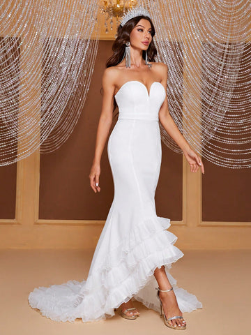 Giffniseti Contrast Mesh Mermaid Hem Tube Wedding Dress