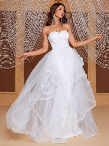 Giffniseti Contrast Mesh Mermaid Hem Tube Wedding Dress