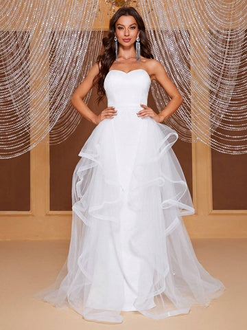 Giffniseti Contrast Mesh Mermaid Hem Tube Wedding Dress