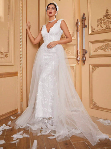Giffniseti Detachable Tulle Lace Wedding Dress