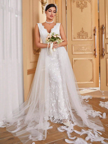 Giffniseti Detachable Tulle Lace Wedding Dress