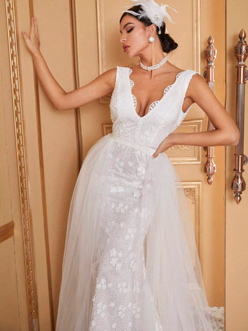 Giffniseti Detachable Tulle Lace Wedding Dress