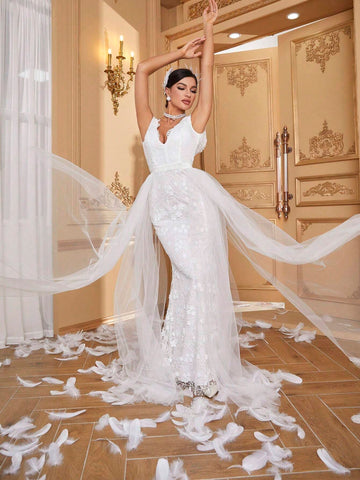 Giffniseti Detachable Tulle Lace Wedding Dress