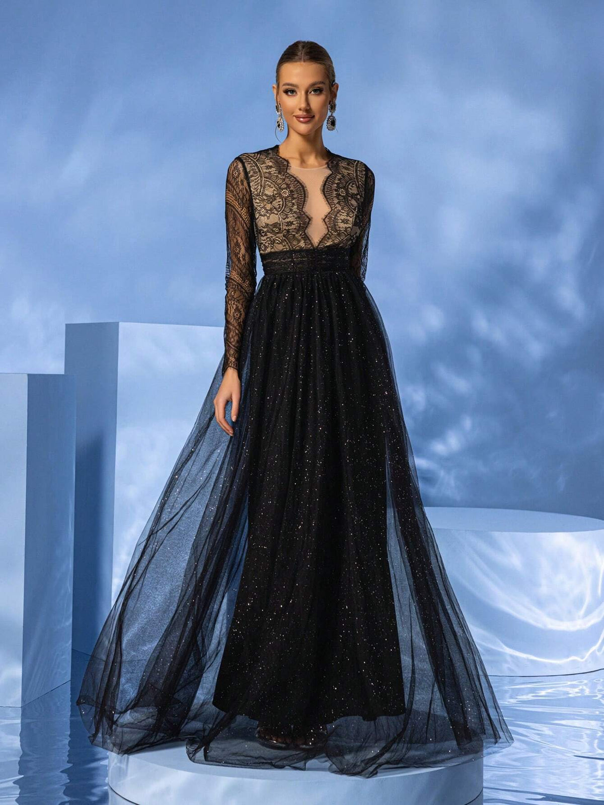 Giffniseti Lace & Mesh Deep V-Neck Long Sleeve Elegant And Sexy Party Evening Dress