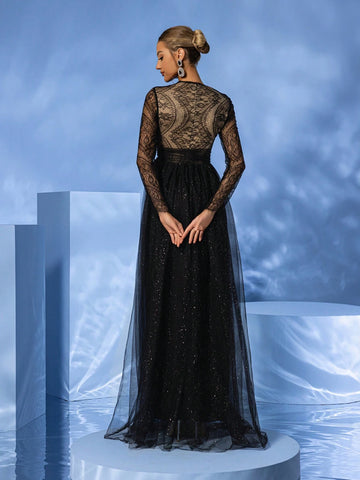 Giffniseti Lace & Mesh Deep V-Neck Long Sleeve Elegant And Sexy Party Evening Dress