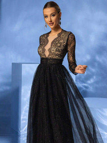 Giffniseti Lace & Mesh Deep V-Neck Long Sleeve Elegant And Sexy Party Evening Dress