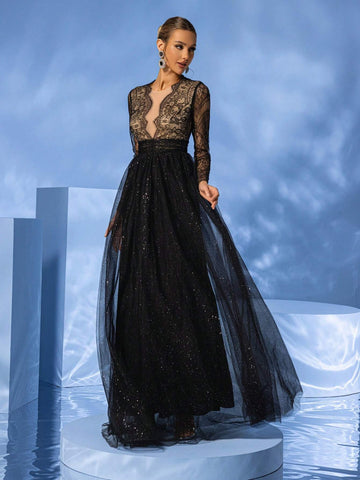Giffniseti Lace & Mesh Deep V-Neck Long Sleeve Elegant And Sexy Party Evening Dress