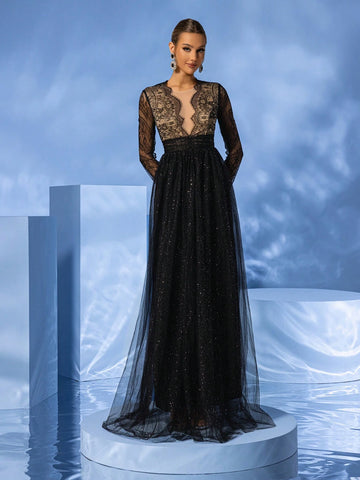 Giffniseti Lace & Mesh Deep V-Neck Long Sleeve Elegant And Sexy Party Evening Dress
