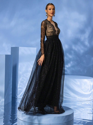 Giffniseti Lace & Mesh Deep V-Neck Long Sleeve Elegant And Sexy Party Evening Dress