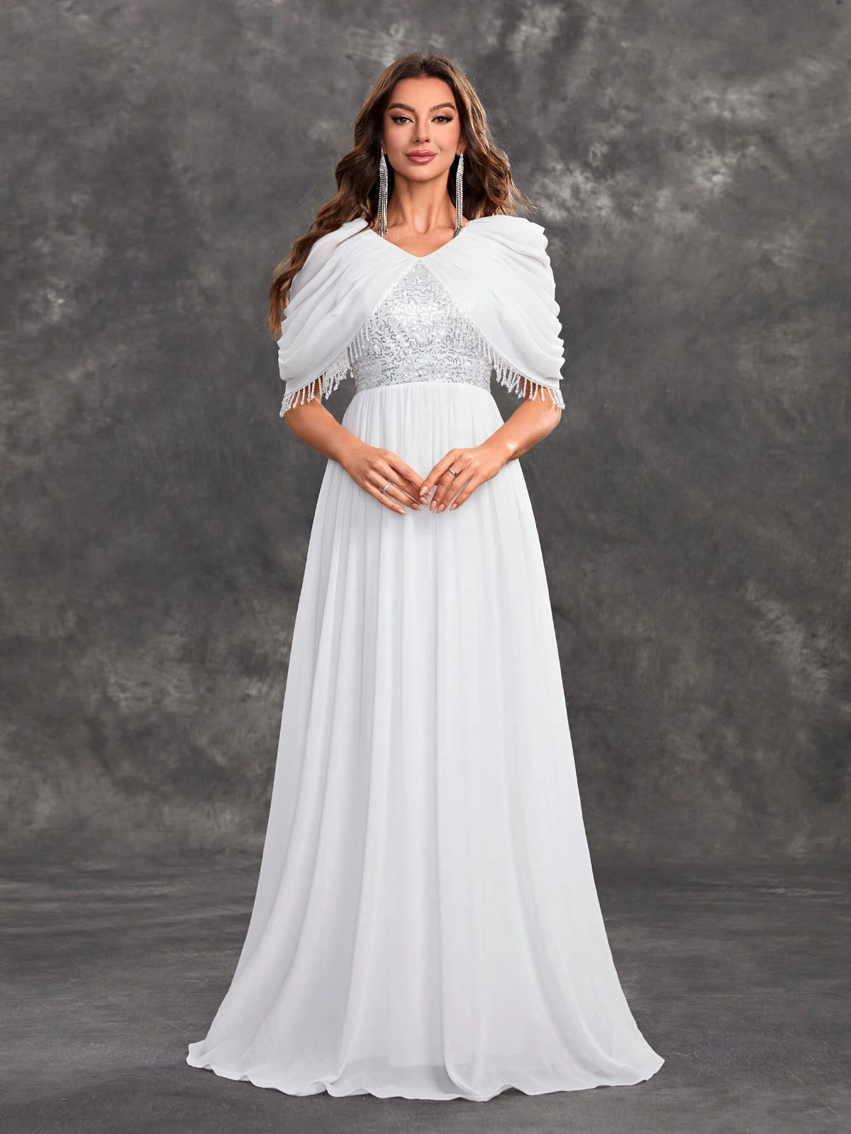 Giffniseti Ladies' Evening Party Elegant Sequins Patchwork Chiffon Fringed Cape Shawl V-Neck White Evening Dress