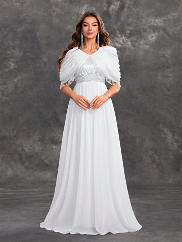 Giffniseti Ladies' Evening Party Elegant Sequins Patchwork Chiffon Fringed Cape Shawl V-Neck White Evening Dress