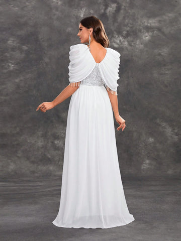 Giffniseti Ladies' Evening Party Elegant Sequins Patchwork Chiffon Fringed Cape Shawl V-Neck White Evening Dress