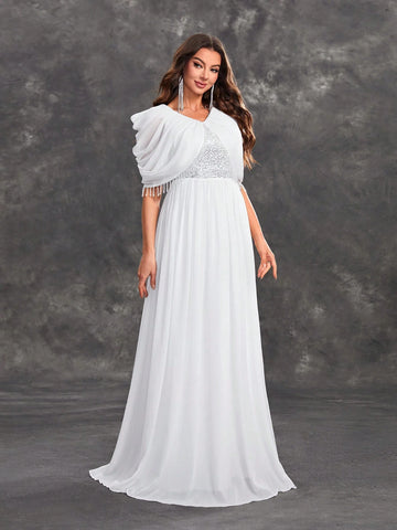 Giffniseti Ladies' Evening Party Elegant Sequins Patchwork Chiffon Fringed Cape Shawl V-Neck White Evening Dress