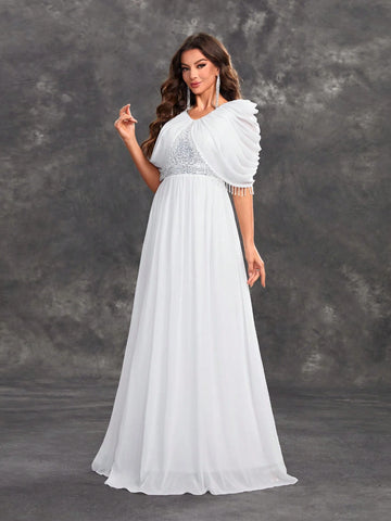 Giffniseti Ladies' Evening Party Elegant Sequins Patchwork Chiffon Fringed Cape Shawl V-Neck White Evening Dress