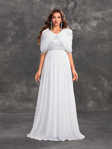 Giffniseti Ladies' Evening Party Elegant Sequins Patchwork Chiffon Fringed Cape Shawl V-Neck White Evening Dress