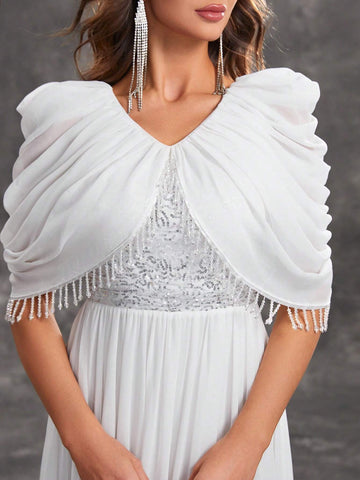 Giffniseti Ladies' Evening Party Elegant Sequins Patchwork Chiffon Fringed Cape Shawl V-Neck White Evening Dress